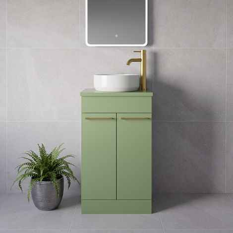 Napoli 390 Olive Green 500mm 2 Door Vanity Unit for Countertop Basins - 500mm - Brushed Brass 160mm Handle
