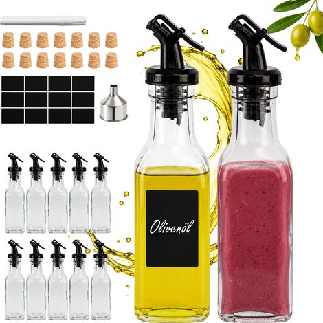 Relaxdays Öl Flasche, 12er Set, 150 ml, mit Ausgießer, Essig, Olivenöl, Etiketten, Korken, Glasflaschen, transparent (1/5)
