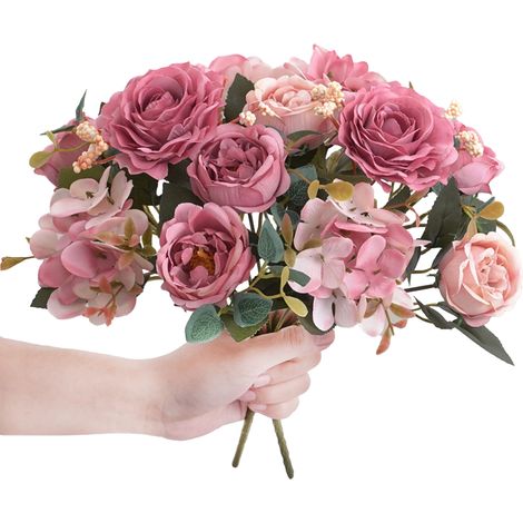 2 Pcs Faux Rose Bouquet Creative Artificial Flowers for Table Centerpieces Home Living Room Decor Dark Pink-KZQ (1/3)
