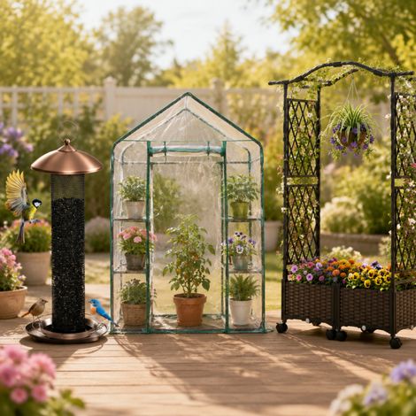 Ensemble de jardin « Bird-Friendly » (3 pièces) – Mangeoire anti-écureuils, serre en PVC et jardinière sur treillis (1/5)