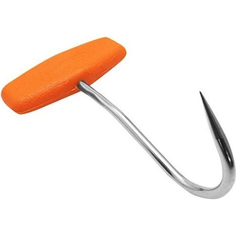 Irovami Crochet à viande robuste en acier inoxydable en forme de T pour abattoir, pour bœuf, mouton et oie, avec poignée en plastique rouge-orange. (1/4)