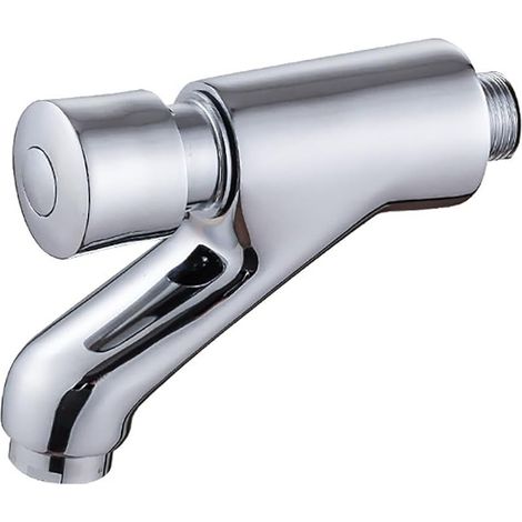 Robinet mural en laiton à fermeture automatique pour lavabo de salle de bain - Économie d'eau - Retard de temps - Robinet d'eau froide - Chromé (1/5)