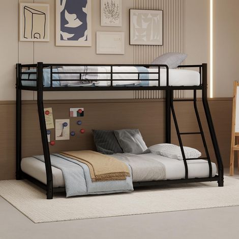 Lit superposé métallique robuste (1 place en haut, 1 place en bas), avec échelle et barrière de sécurité sur toute la longueur, pour adolescents et adultes, silencieux. (1/5)