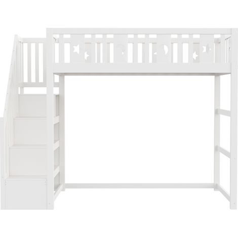 Letto a soppalco per bambini 90 x 200 con scala, sponde e vano contenitore, bianco (1/5)