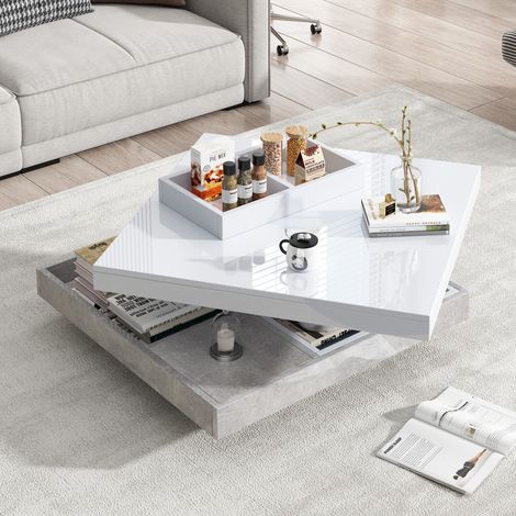Tavolini da salotto, piano girevole a 360°, con vani portaoggetti, impiallacciatura in marmo, pannello di particelle, bianco
