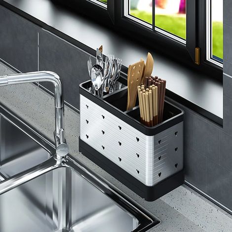 Égouttoir à couverts de cuisine avec porte-couverts, boîte de rangement pour baguettes, cuillères et fourchettes, support pour baguettes, gain de place-AquaForge (1/5)