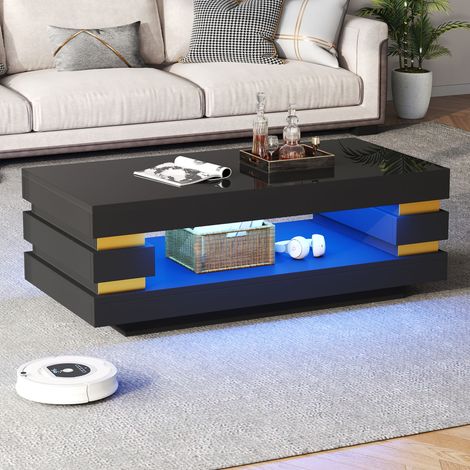 Table basse avec rangement central et led, en noir, 100x50x35 cm (1/5)