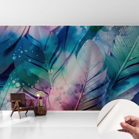 Selbstklebend Tapete - abwaschbar - Raumgestaltung Schlafzimmer Wohnzimmer Tapete Bunte Federn 416x254 cm (1/5)
