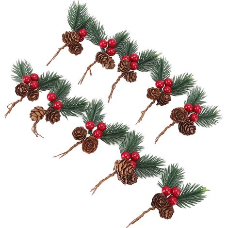 10 cure-dents en forme de sapin de Noël avec une pomme de pin et des baies rouges, une aiguille, décorations de Noël artificielles et délicates (1/5)