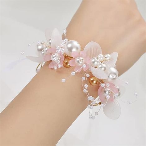 (Rose) Corsets-bracelets en perles et cristaux (2 pièces) pour demoiselles d'honneur, enfants, bouquets de fleurs, mariage, belle mariée (1/5)