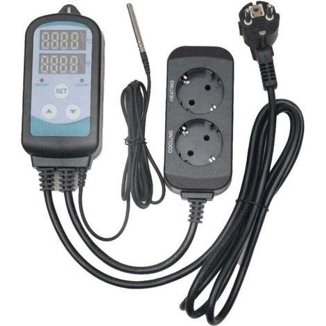 Prise Thermostat Numérique avec 2 Relais 220V Sonde, Controleur Température Chauffage Refroidissement pour Terrarium,Reptile,Incubateur,Serre,Couveuse,Brassage (1/2)