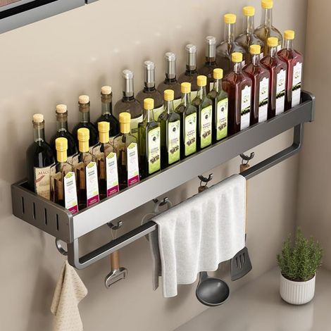 Étagère à épices murale sans perçage - étagère de rangement suspendue pour cuisine et salle de bain - étagère à épices de 30 cm avec 4 crochets/barres (1/5)