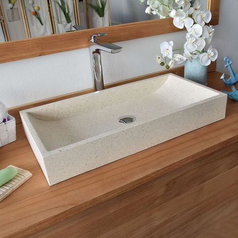 Vasque à poser en terrazzo crème – Dimensions L 70 x l 35 x h 10 cm – Percements aux normes européennes – Pour meuble en teck – Ocean Line (1/4)