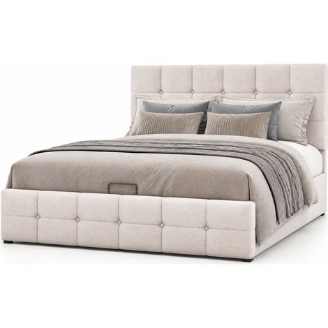 Lit coffre 140x200 avec tête de lit rembourrée réglable, sommier à lattes métal, velours doux, rangement hydraulique, blanc crème pour chambre moderne - CHICFURN (1/5)