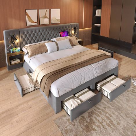 Lit double 160x200 cm en velours gris avec 4 tiroirs, 2 chevets et tête de lit lumineuse usb (1/5)