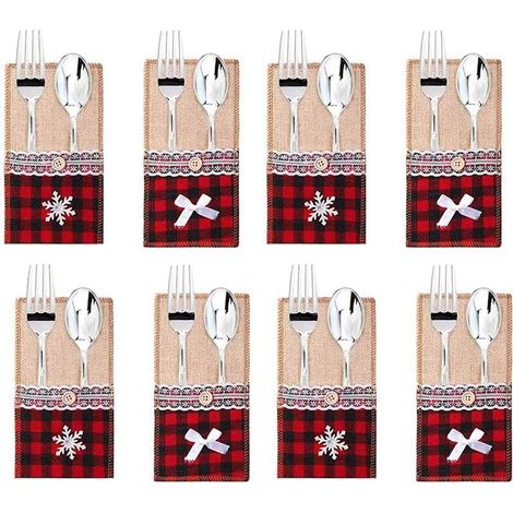 Christmas Burlap Cutlery Holders Pockets with Lace Utensils for Christmas Wedding Party