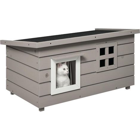 Maison pour chat en bois étanche avec toit en asphalte et couvercle pliable, abri d'hiver extérieur pour jardin 87x52x44 cm gris (1/5)