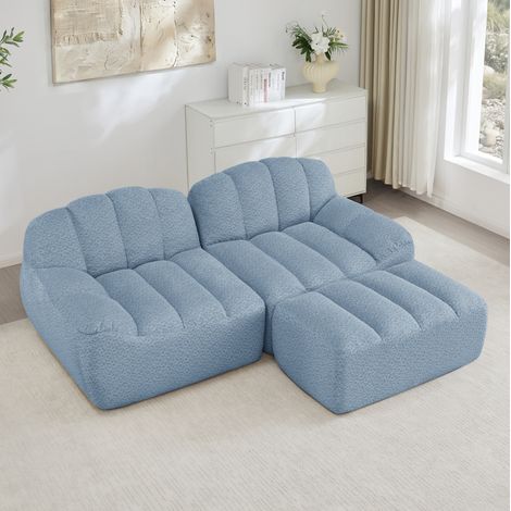 Ecksofa modular aus granuliertem Fleece in Blau, rahmenlos mit Ottoman, 2- bis 4-Sitzer, ohne Montage (1/5)