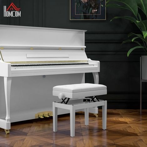 Sgabello per pianoforte regolabile in altezza da 48 a 58 cm, con vano portaoggetti, gambe in legno, colore bianco.