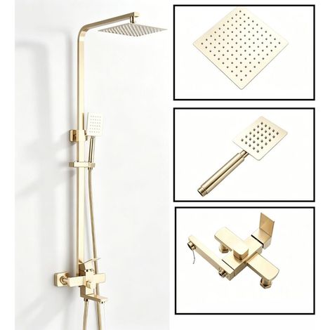 Pommeau de douche pluie et douchette à main inox acier, or brossé, système robinet de douche avec bec rotatif, montage mural 8 po (1/5)