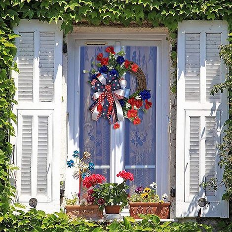 Guirlande Patriote - Guirlande Porte 17,7 Pouces - Rouge Bleu Blanc - Étoile Métallique - Intérieur Extérieur - 1 Pièce (1/5)