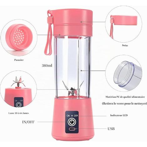 Portable Blender, Mini Smoothie Blender for Shakes and Smoothies 380ml Mini Blender with 6 3D Blades, USB Electric Citrus Press Juice Press for Home, Outdoor (Pink) (1/4)