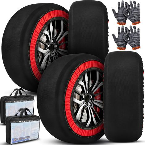Set di 4 calze da neve per pneumatici auto. Calze da neve in tessuto. Catene da neve per auto. Facili da installare con i guanti. Accessori invernali per auto, SUV, furgoni, pickup. Emergenza invernal