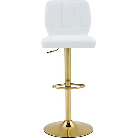 Tabouret de bar réglable en hauteur 62-83 cm, pivotant à 360°, dossier et repose-pieds, simili cuir blanc et cadre métal doré (1/5)