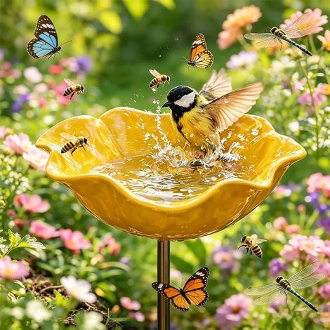 1 Stück Vogeltränke aus Metall in Blumenform, handgefertigter Gartenpflanztopf, zum Schutz vor Kälte, Vogeltränke/Insektentränke, Bienentränke für Garten und Terrasse, gelb (1/4)