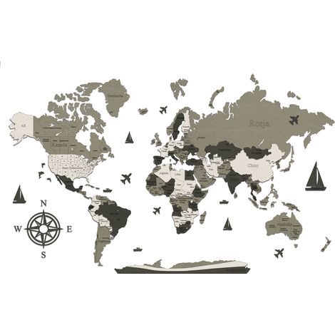Carte du monde en bois 3D, modèle n° IX, frontières des pays, 256 x 160 cm (1/5)