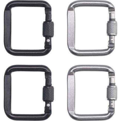 Lot de 4 mousquetons en aluminium, mousqueton escalade avec capuchon à visser pour extérieur, camping, randonnée, voyage, pêche, sac à dos (Argent, Noir) (1/5)