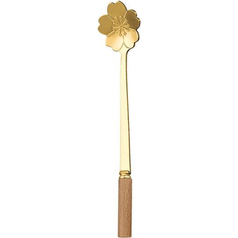 Cuillère à mélanger à long manche en acier inoxydable, motif fleurs de cerisier et roses, pour dessert, miel, thé, café, cuisine JSFGoldCherry Blossom (1/3)