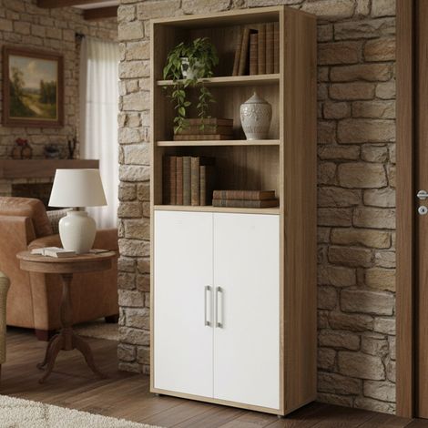 Dmora - Credenza Valsesia, Buffet da soggiorno, Madia da salotto, Dispensa da cucina, 89x40 h222 cm, Quercia e Bianco (1/4)