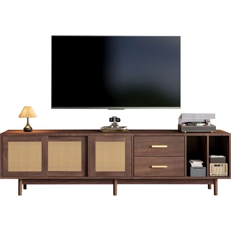 Meuble TV 190 x 40 x 52 cm avec 3 portes, 2 tiroirs, 2 niches ouvertes, style résine tressée marron, pour TV 75 pouces et salon Wabi-Sabi - CHICFURN (1/5)