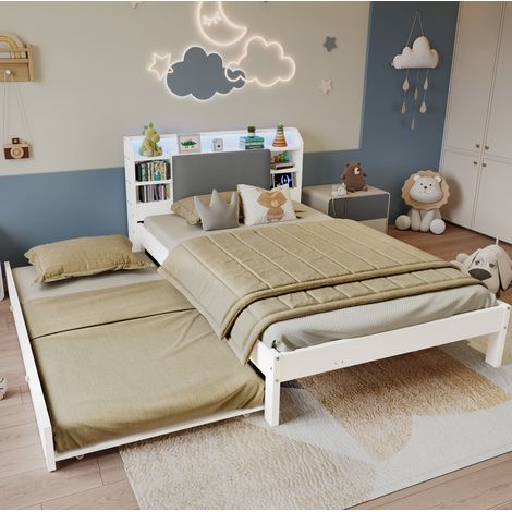Cama 120x200 con cama nido 90x190, cabecero tapizado, LED, blanco HAVRYA (1/5)