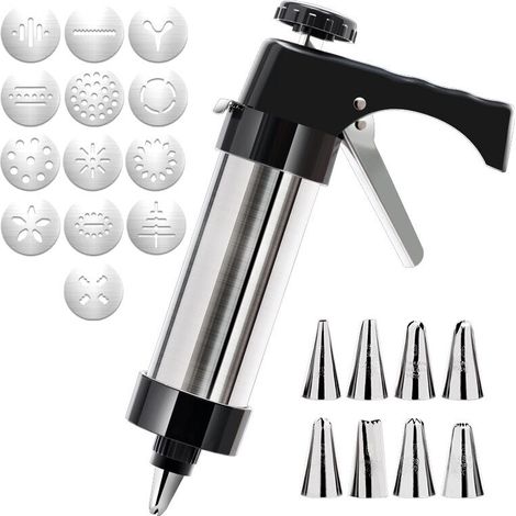 Presse à pâtisserie, seringue à pâtisserie en acier inoxydable, kit de décoration, machine à glaçage, pour gâteaux, biscuits, bricolage, 13 pochoirs, 8 douilles (1/5)