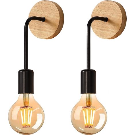 Applique Murale Interieur Industrielle en Bois Vintage, Lampe de Murale Réglable, Douille E27 Ampoule Luminaire Rétro Antique Rustique pourChambre Salon Couloir Loft Noir - 2pcs