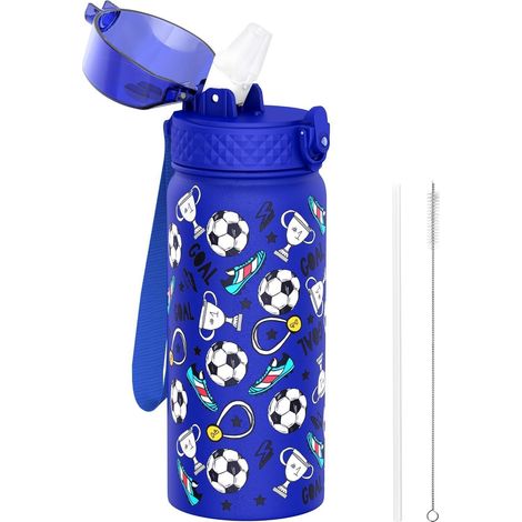 Kinder Trinkflasche Edelstahl 550ml mit Strohhalm, doppelwandig, BPA-frei, blau Fußball (1/5)