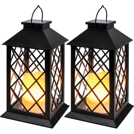 Lot de 2 lanternes solaires d'extérieur - Lanterne suspendue étanche avec bougie LED à effet scintillant - Éclairage de jardin de 33 cm pour terrasse, porte d'entrée et balcon (noir) (1/5)
