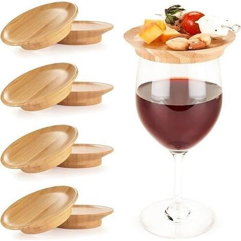 Ensemble de quatre couvercles et sous-verres réutilisables en bois pour verres à vin (1/4)