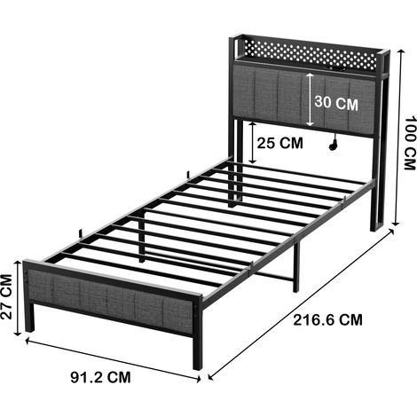Letto singolo in metallo nero con contenitore e testiera imbottita (1/5)