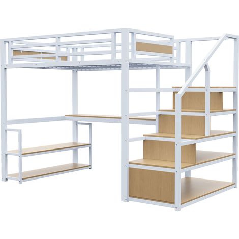 Letto a soppalco in metallo 140 x 200 cm con scala contenitore, ripiani e scrivania bianco (1/5)