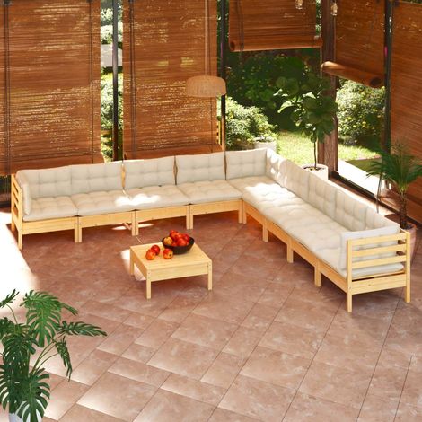 Salon de jardin 10 pcs,Mobilier de terrasse,Table et Chaise pour Relax avec coussins crème Bois de pin solide -YZ993616 (1/5)