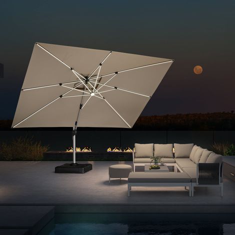 PURPLE LEAF parasol déporté Rectangulaire 3 × 4 m, rotation 360°, double toit ventilé, panneau solaire intégré, 8 baleines LED en aluminium, pour jardin, cour et piscine, beige