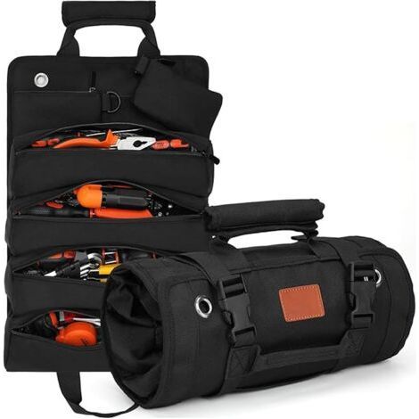 Bolsa de herramientas, gran bolsa de herramientas de lona, bolsa de herramientas con ruedas multifuncional, 6 bolsillos, resistente a desgarros y perforaciones, negra, nailon (1/5)