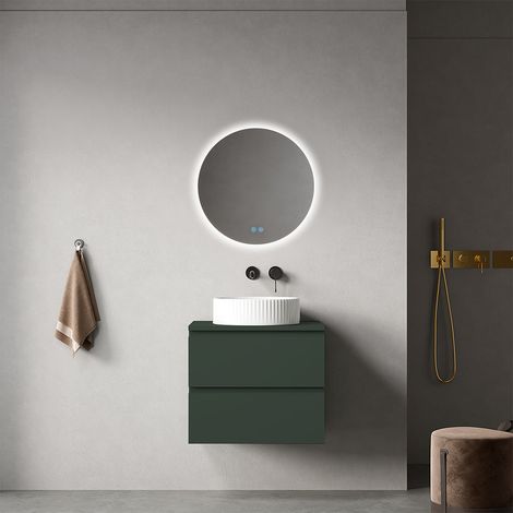 Mobile bagno sospeso 60 cm Verde Comodoro per Lavabo d'appoggio Specchio Tondo Retroilluminato - Fiji Paint Top