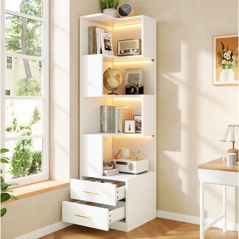 Étagère d'angle LED avec 2 tiroirs, meuble de rangement à 4 niveaux pour salon, chambre ou bureau, 165 cm, en panneau de particules blanc et design compact  CHICFURN (1/5)