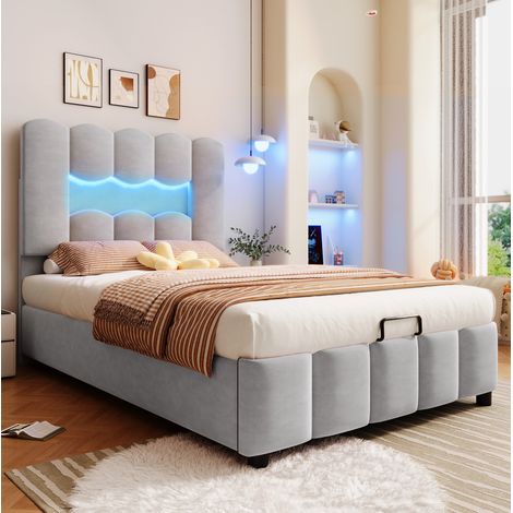 lit adulte rangement LED tete reglable 90x200 gris OKMYHOME (1/5)