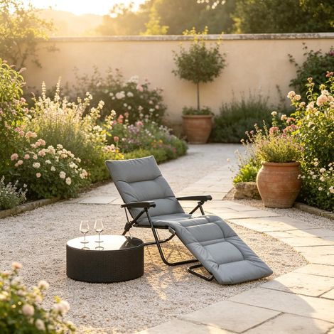 Bain de soleil pliant réglable 6 positions, matelas en tissu gris, dossier inclinable, structure en métal, charge 120 kg, jardin, plage, terrasse et piscine - CHICFURN (1/5)