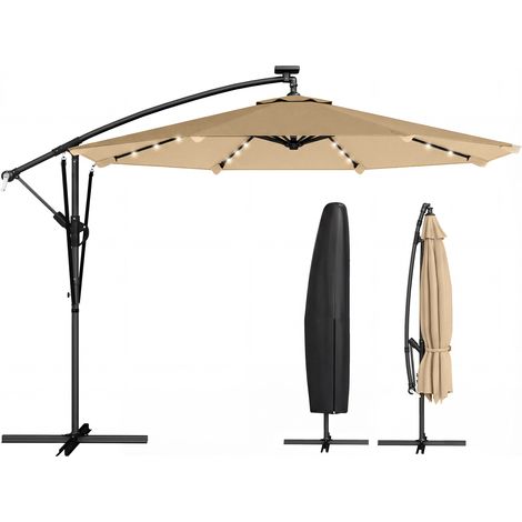 Exzentrischer Solar-LED-Sonnenschirm 330 x 295 cm mit Kreuzfuß, Kurbel und khakifarbener Schutzhülle